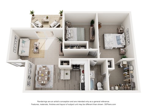 A 3D floor plan of a small apartment with a kitchen, living room, and bathroom.